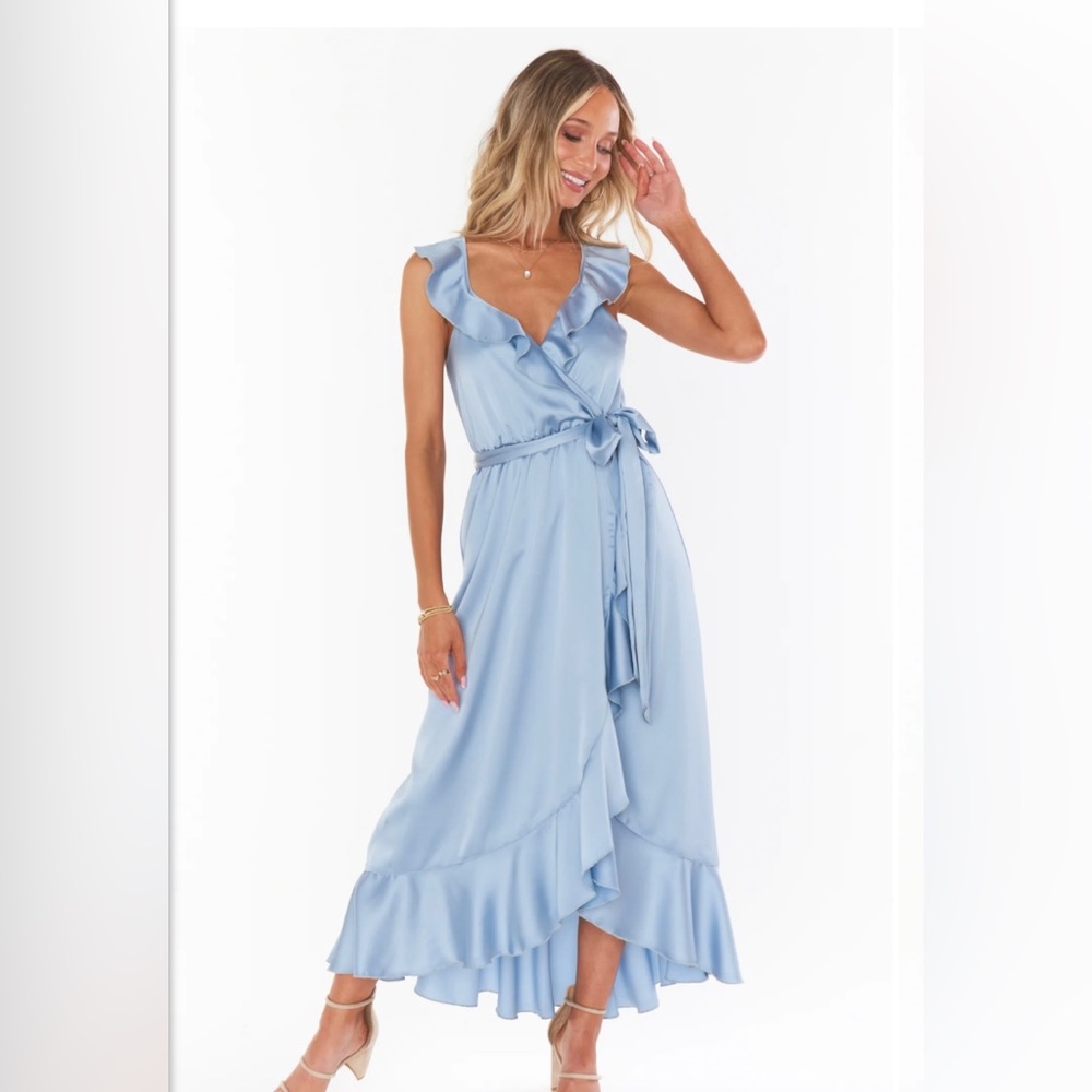 Show Me Your Mumu Samantha Ruffle Wrap Dress. Size Small. Steel Blue Luxe Satin
